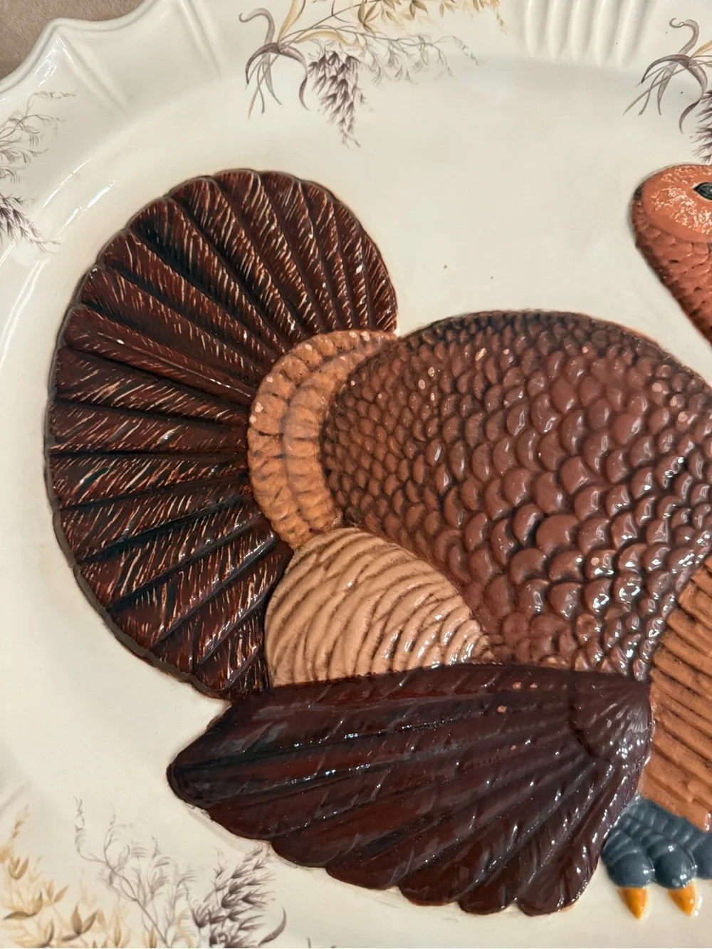 Ceramic Turkey Platter - Brown & Cream Decorative Serving Plate